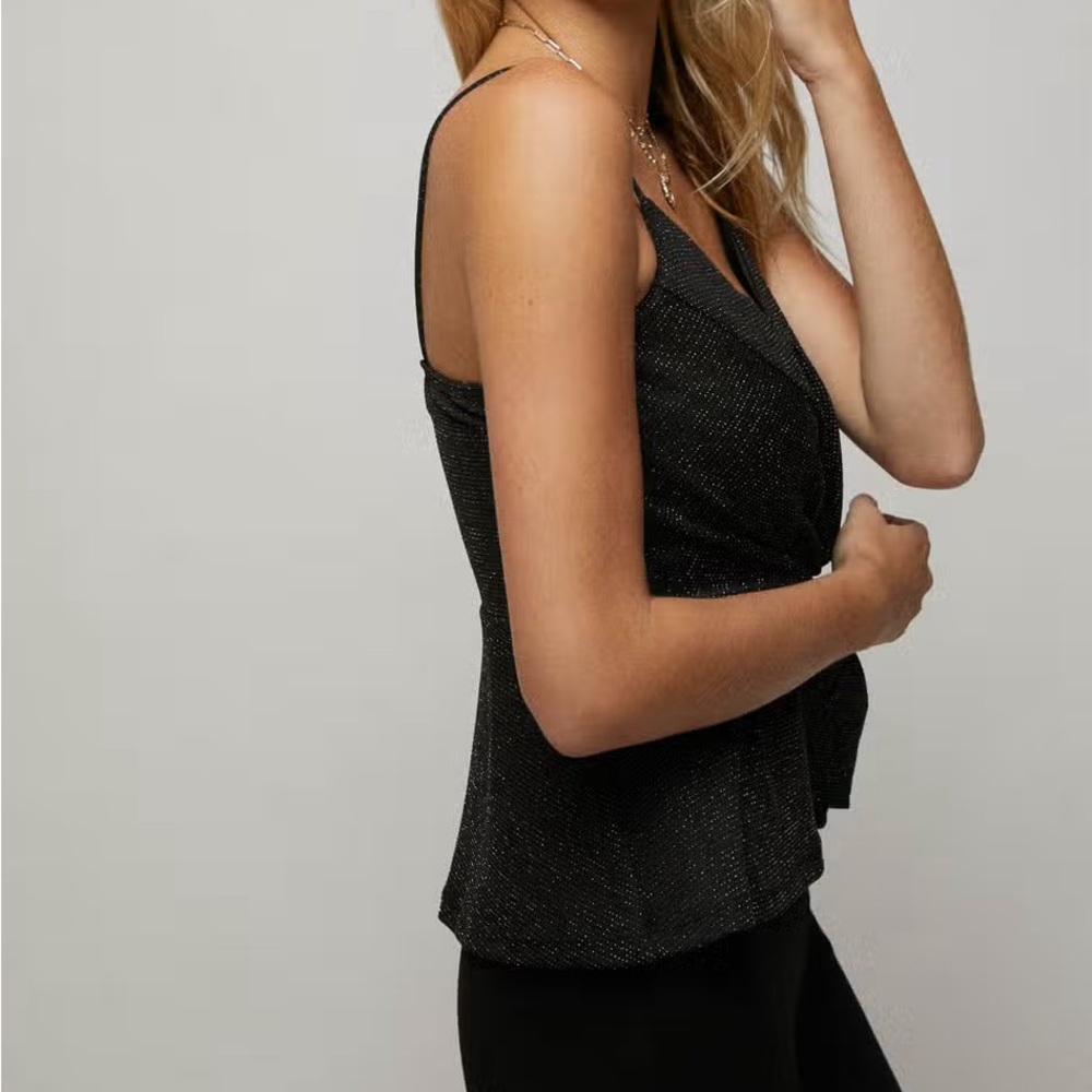 Side Twist Peplum Cami Tank Top Black Sparkle Lurex Knit Adjustable Straps - Picture 8 of 11